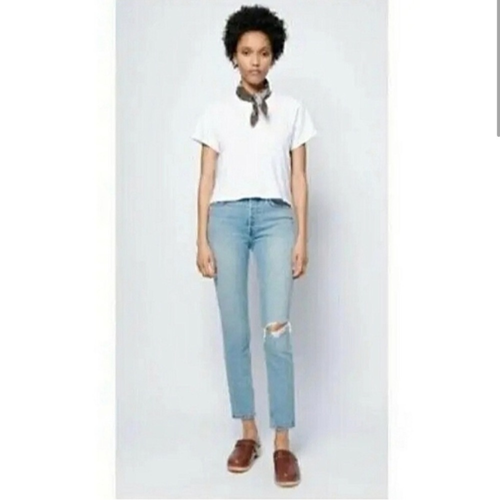 RE/DONE 90s High Rise Ankle Crop Jeans Slim Fit Denim in Worn Blue Destroy Wash
